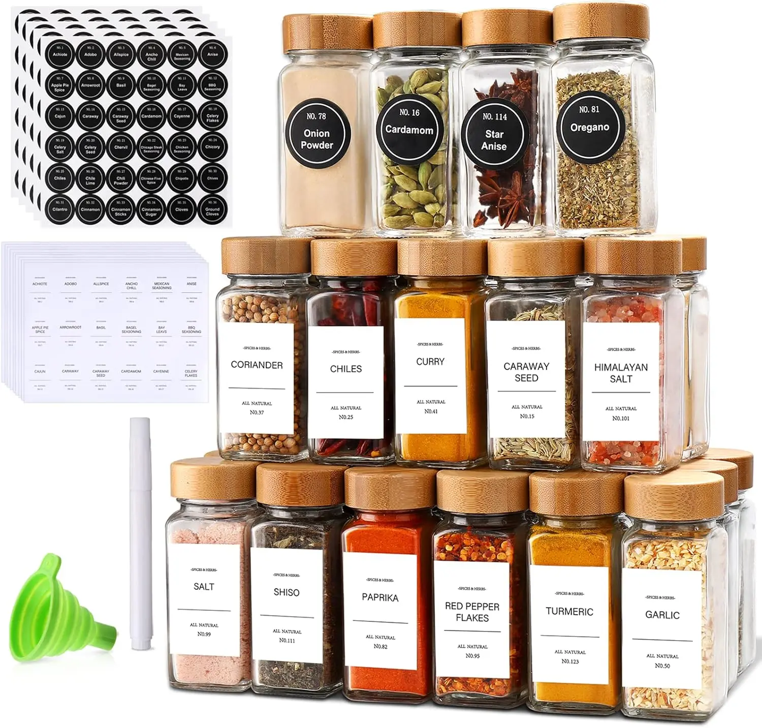36PCS  Spice Jars with Label ,Seasoning Containers,Glass Spice Jars with Bamboo Lids,Kitchen Essentials,Spices Container Set,Kitchen Set,Seasoning Organizer,Spice Rack Organizer for Cabinet