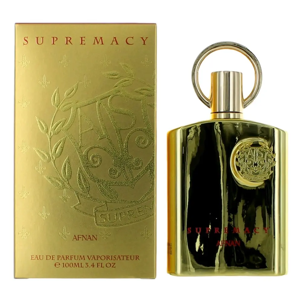 Supremacy Gold by Afnan Unisex Eau de Parfum Spray Bottle - 3.4 fl oz, Oriental Amber Scent, Vanilla Blend, Top Notes Violet, Gold Unisex Fragrance, Spray Unisex Fragrance