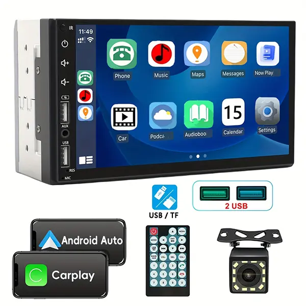 7inch HD Touchscreen Double Din Radio with Bluetooth, Car Audio Receivers, Camera, MirrorLink, FM Radio, 2 USB/TF/AUX/Subwoofer