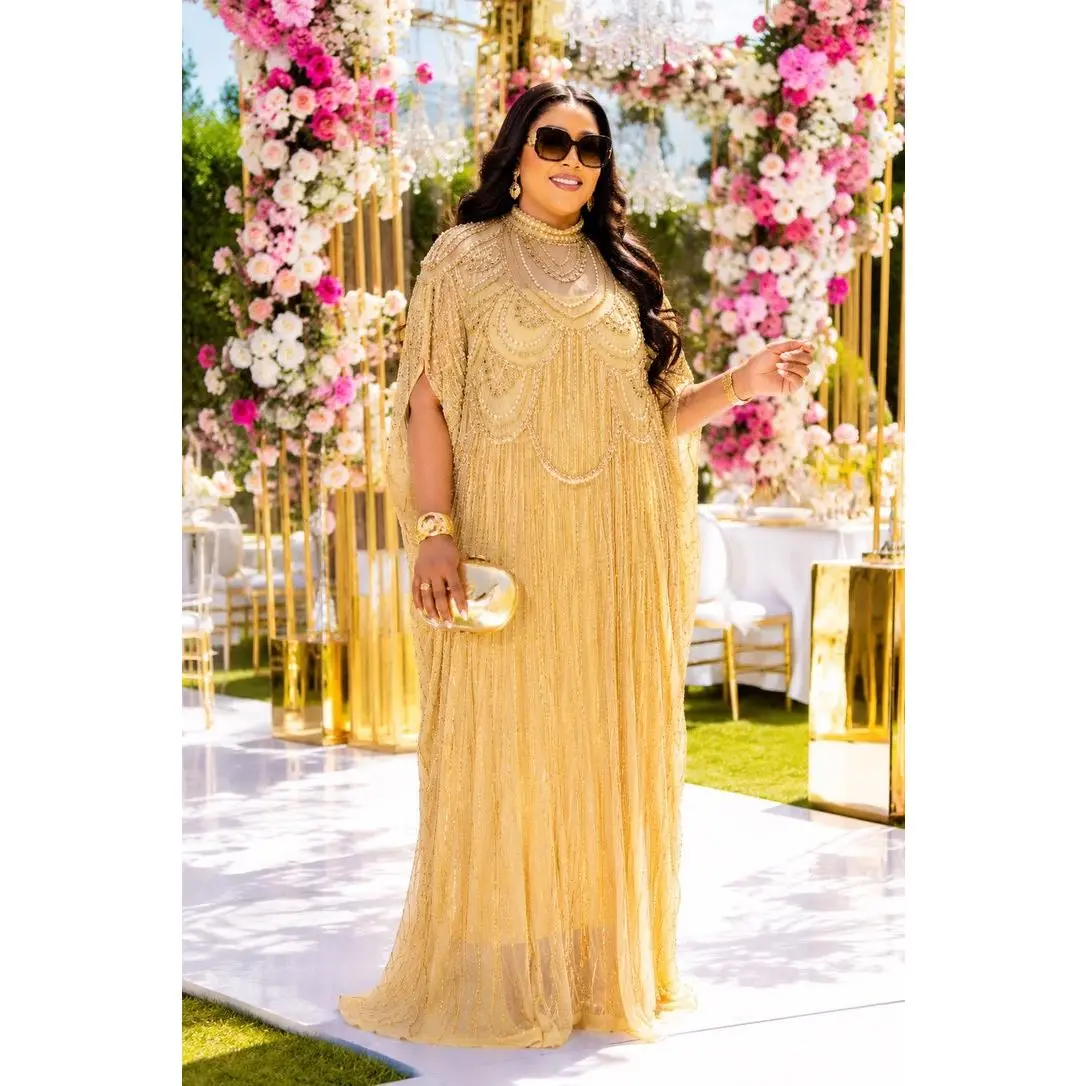 "High Table Guest" Gold Crystal-Embellished Cape Caftan Dress for Birthday Party Celebrant Mother of The Groom Wedding Guest Formal Evening Gown Plus Size