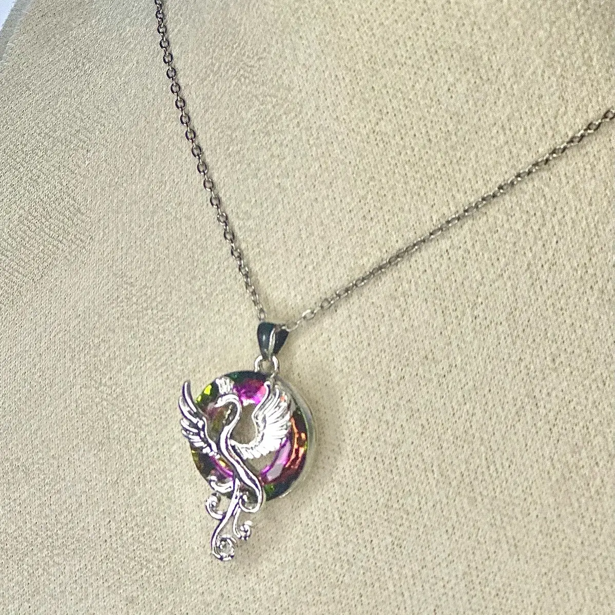 Iridescent Multicolor Pheonix Pendant Necklace ideal holiday
