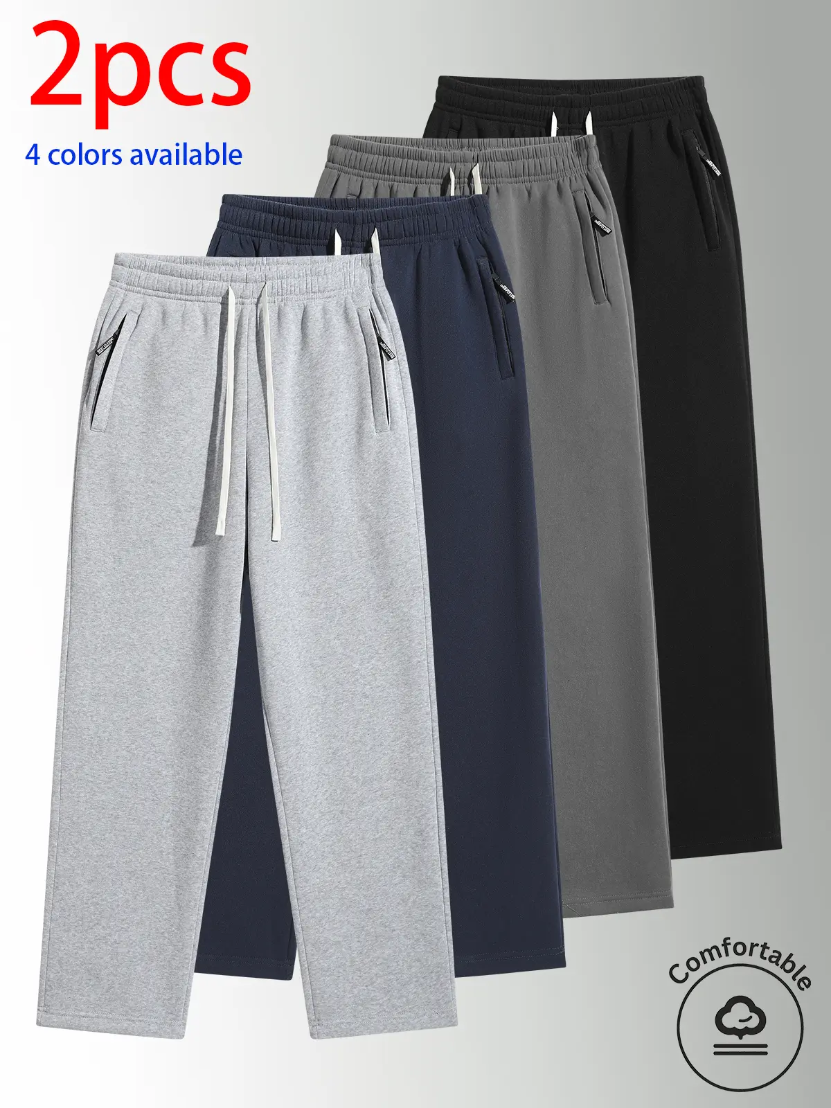 2-pack men’s long pants, casual men’s long pants, men’s straight-leg pants, elastic waistband with a long drawstring, minimalist loose wide-leg straight-cut design that elongates the figure vertically, suitable for commuting, campus, sports, and everyday