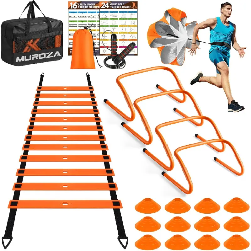 20ft Adjustable Agility Ladder Full Kit - 12 Soccer Cones, 4 Hurdles, Jump Rope, Running Parachute - Speed Drills Training Equipment for Athletes of All Levels (Soccer, Basketball Use), Boost Explosive Power
