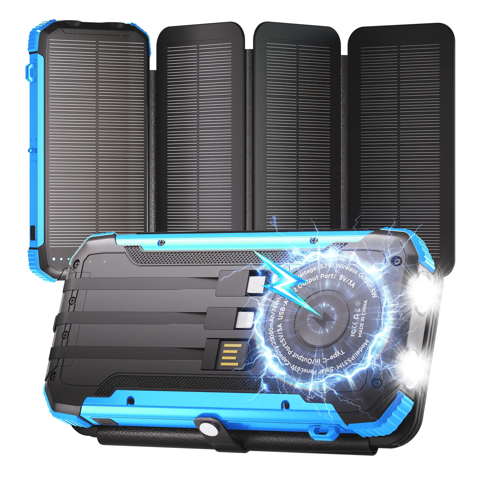 20000mAh Solar Power Bank with 4 Foldable Solar Panels, Built-in Wireless Charging, PD 15W Fast Charging, 3 Built-in Cables, 6 Charging Ports, Portable Solar Charger with Dual Flashlights and Carabiner, Compatible with All Mobile Devices tiktokshopbacktos