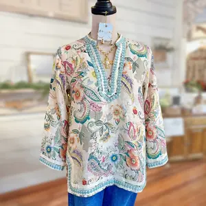 SageVell Summer Spring Long Sleeve Retro Floral Print V Neck Top Dot Trimmed Print Shirt Fabric Medium