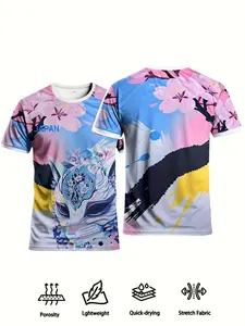 Japanese Special Edition Men's Football Jersey, Fox Pattern Round Neck Comfortable Sports Top, Breathable Knit Fabric, Casual Wear