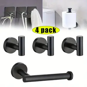 4 Packs Black Stainless Steel Bathroom Hardware Set, Includes 1pc Toilet Towel Paper Holder and 3pcs Hooks Wall Mounted Home Accessories