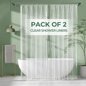 Shower Curtain Liner 2 Pack, 72 x 96 Inches Extra Long PEVA Plastic Shower Liner with 3 Weighted Stones and 12 Rustproof Metal Grommet, Lightweight Waterproof Shower Curtain - Clear