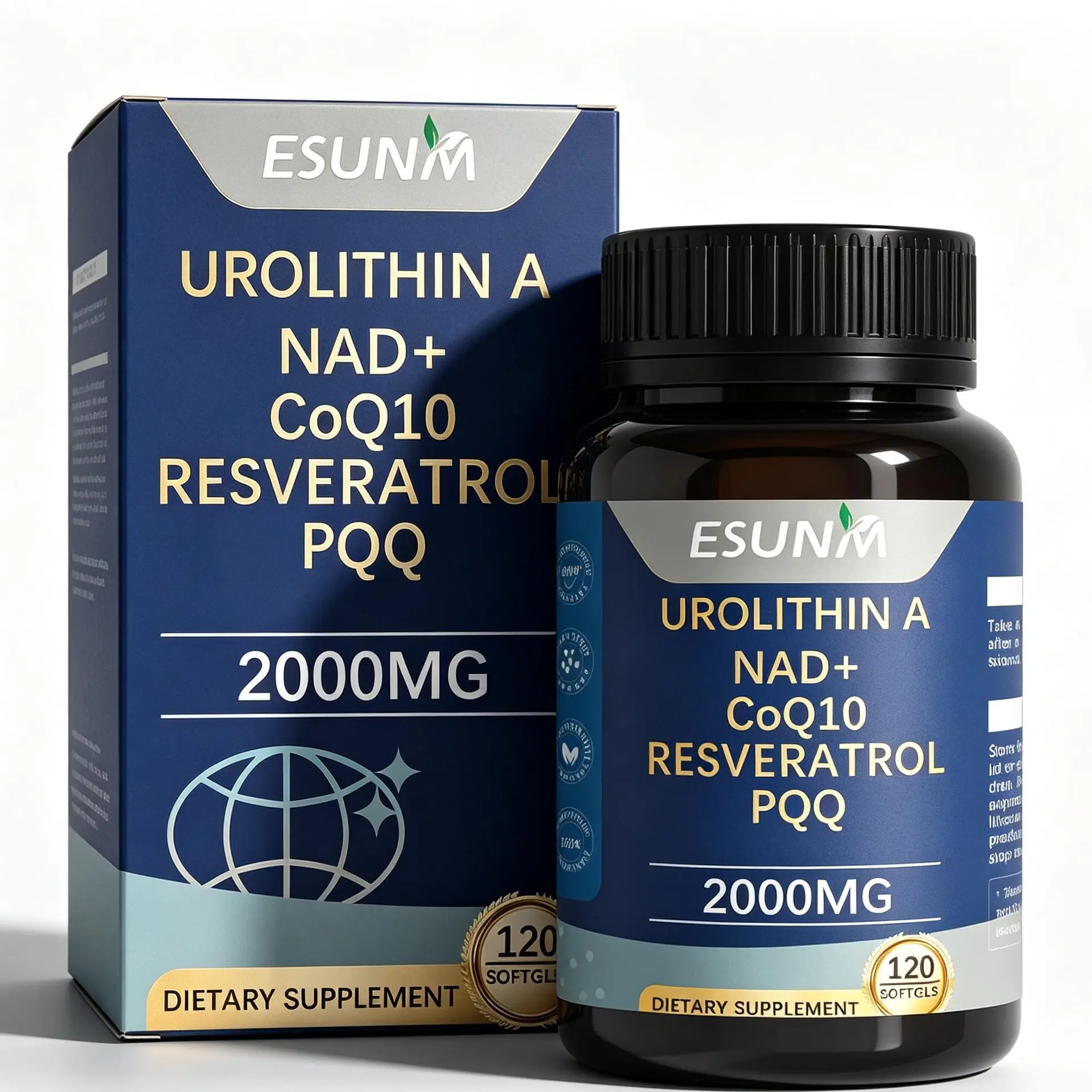 ESUNM Urolithin A Dietary Supplement with NAD+, CoQ10, Resveratrol, PQQ & Vitamins for Healthy Aging, Mitochondrial Support & Metabolism Boost, 120 Capsules (30 Servings)