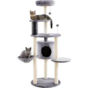 MarvelPaws Cat Tree for Indoor Cats 60.2 Inch Large Cat Tower with Soft Hammock, 5-Level Sisal Scratch Posts, Pompoms, and Carpet Covered Cat Climbing Furniture