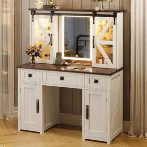 Bellemave  43.3" Farmhouse Makeup Vanity Desk with Lighted Mirror, Vanity Table Set with Charging Station, Dressing Table with Sliding Barn Door Hidden Shelves & 3 Drawers & 4 Cabinets, Beige