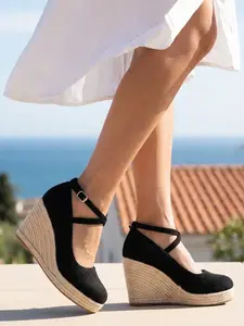 French Girl Aesthetic Black Espadrille Wedges for Women | Closed Toe Criss Cross Strap Platform Heels | Comfy Suede Summer Vacation Shoes | Elegant Day to Night Dressy Casual Stylish Sandals