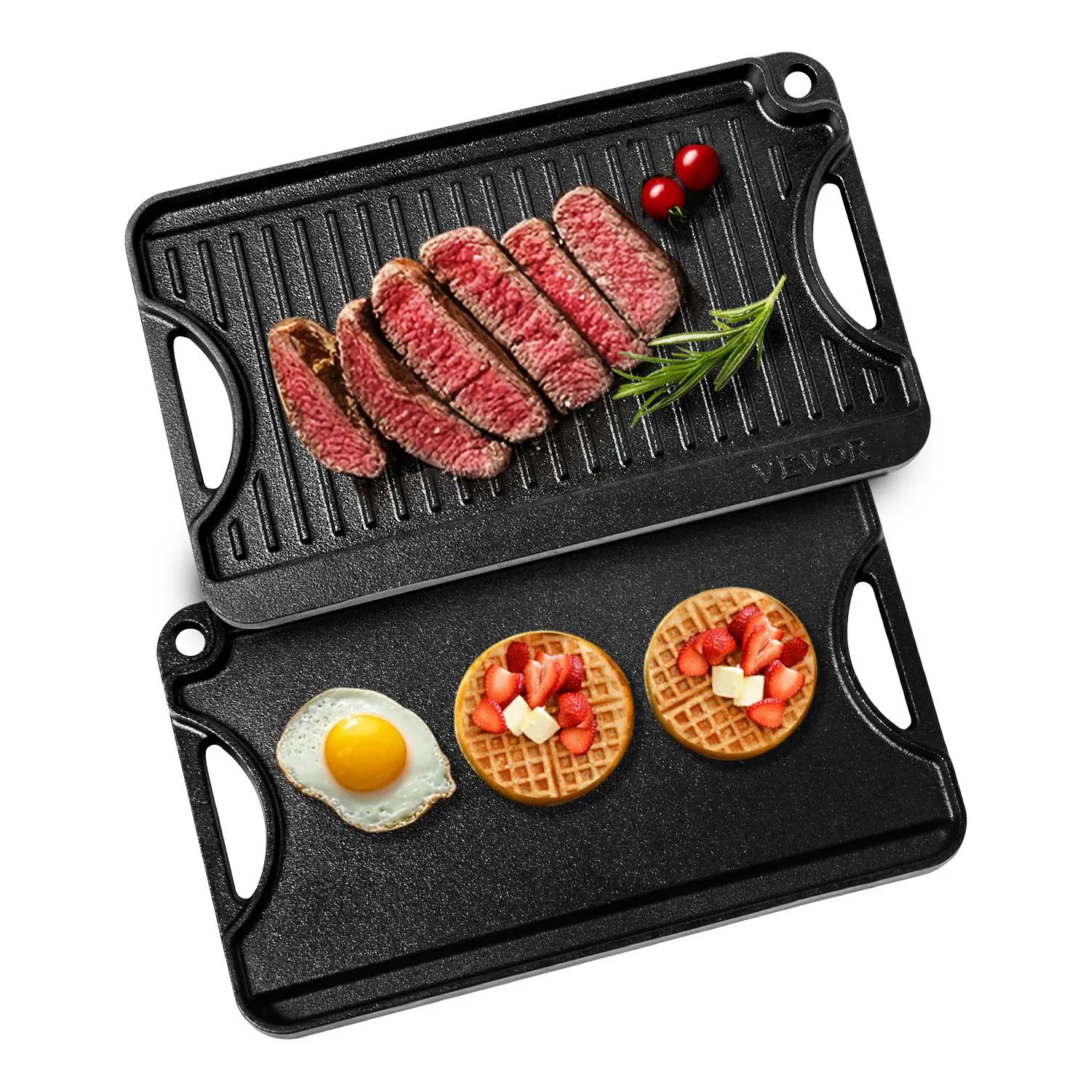 VEVOR 14x8.5 inch Reversible Grill Griddle Pre-Seasoned BBQ Pan Cast Iron Black