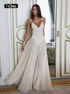 Women's Plain Deep V Neck Tulle Cami Dress, Elegant Sleeveless Maxi Dress for Evening Party Holiday Wedding Guest Formal Wear, Ladies Summer Clothes, Brunch Dresses