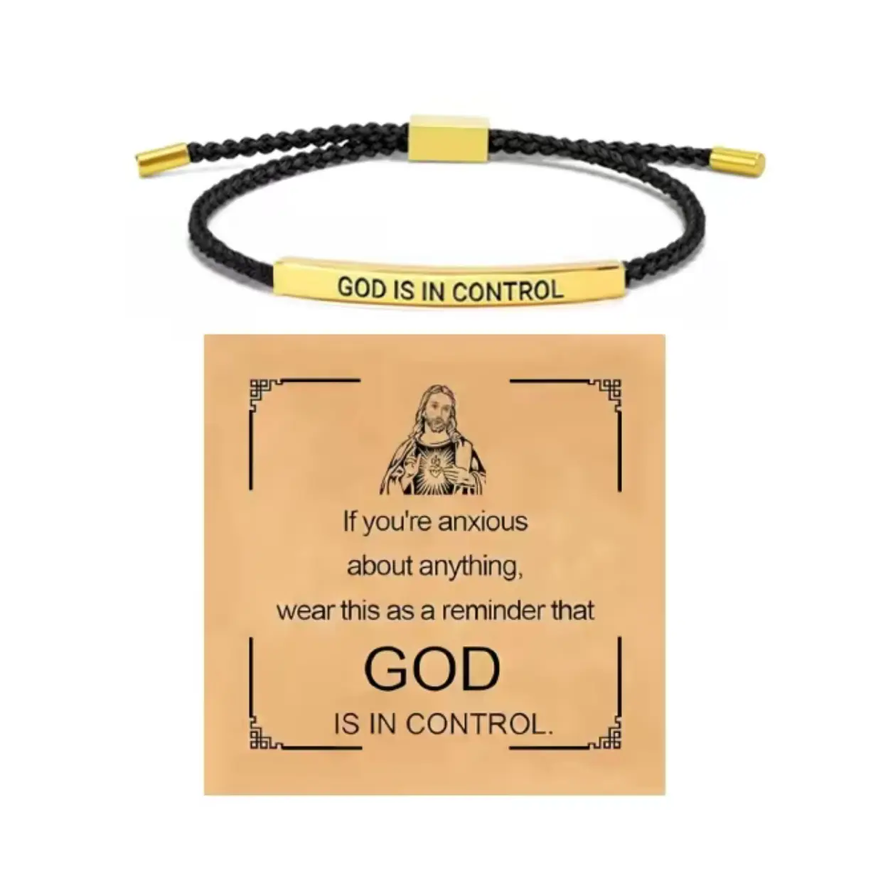 Unisex Braided Stainless Steel Christian Adjustable Bracelet-Bangle (10" Dimensions), Bible Verse Engraved "GOD IS IN CONTROL", Unique Letters-Pattern Disc-Cross, Soft Touch Waxed Nylon, Daily Wear Faith Jewelry, Casual Birthday Gift, Braided Bracelet, Wa