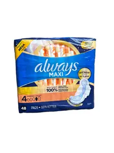 Always Maxi Overnight Pads With Wings For Women Size 4 Overnight Absorbency 48 Pads Leak-Free Protection Feminine Hygiene Products