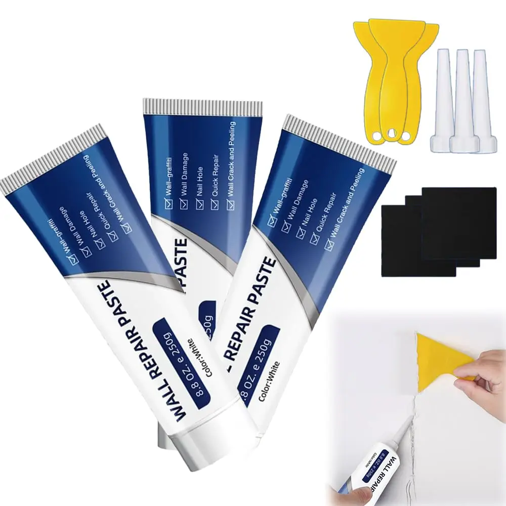 3Pcs Drywall Patch Repair Kit – 250g Fast-Drying Mending Compound + Multi-Purpose Concrete Sealant + Waterproof Caulking Tools for Cracks, Holes & Leaks