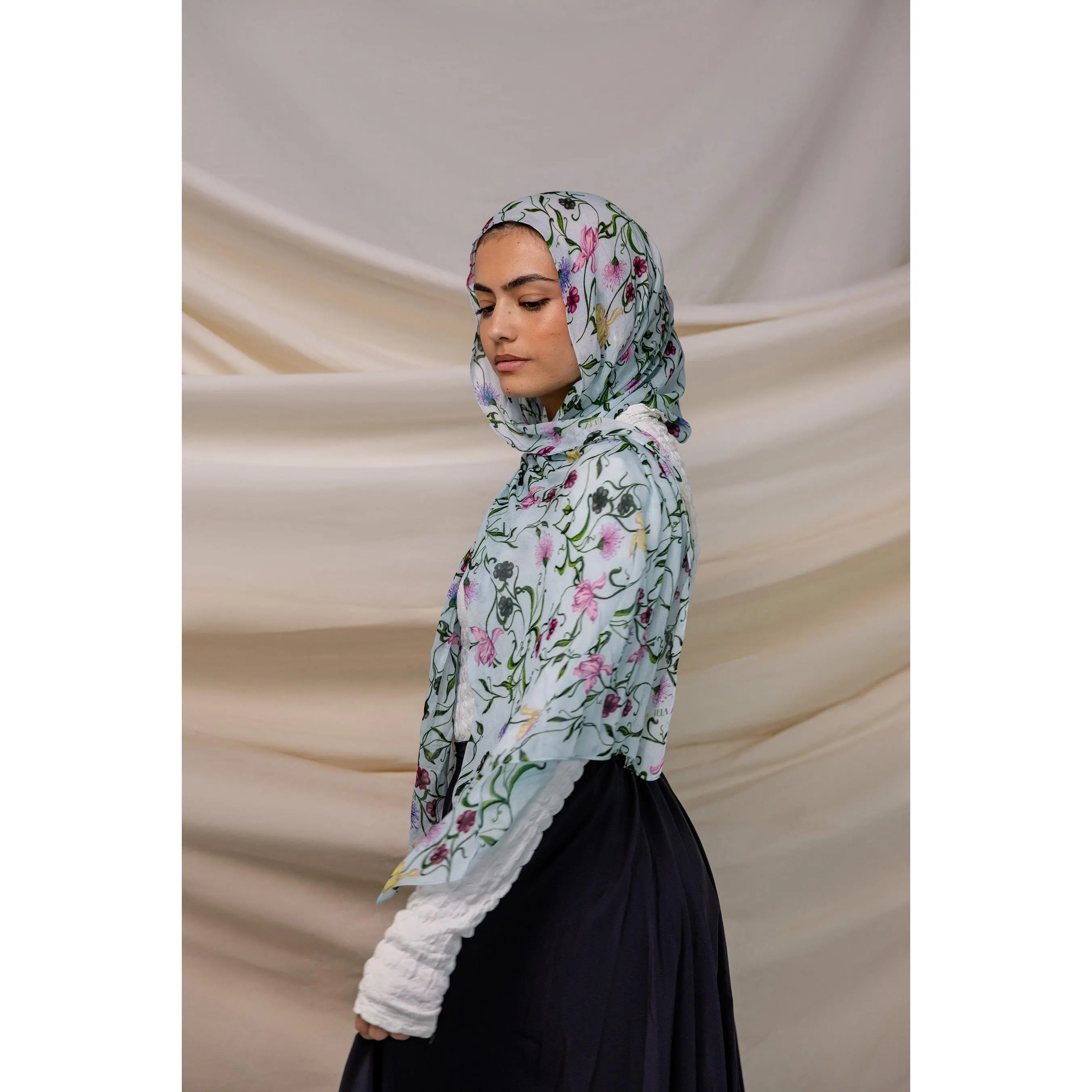 VELA Women's Square Modal Hijab - Baby Blue Floral, Weightless Modesty Accessory, Fashionable Modest Hijab, Cottagecore Casual Hand-Wash-Only Head Wrap