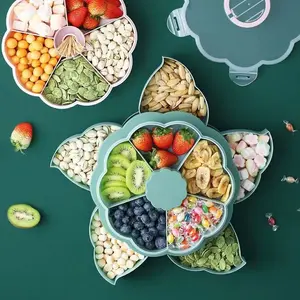Rotating Divided Snack Tray - a Rotating Compartmentalized Food Storage Box with Multiple Sections, Featuring a Lid for Storing Snacks Like Chips, Nuts, Dips, And Vegetables