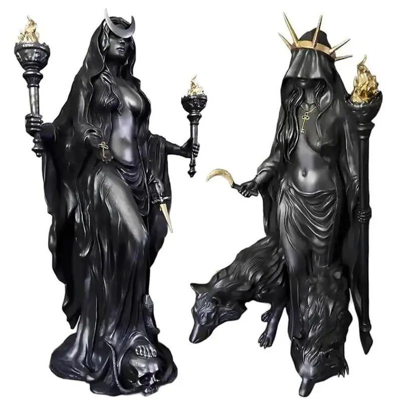 Gothic Hecate Statue - Dark Goddess Holding Torch, Witch Statue, Halloween Decoration, Mysterious Altar, Mysterious Religious Decoration - Resin Sculpture Home Furnishings, Pagan Altar, Mysterious Design, Art Sculpture, Symbolic Decoration, Pagan Style