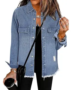 Necooer Women's Boyfriend Oversized Denim Jacket - Distressed Frayed Hem Fall Layering Coat Retro American Chic for Every Outfit