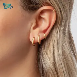 4 Pairs 14K Gold Plated Huggie Small Hoop Earrings Set for Women Men, Hypoallergenic Hoop Earrings for Cartilage, Lightweight Stackable Earrings for Sensitive Ears