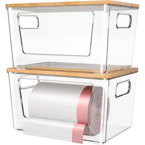 2 Pack Trash Bag Holder with Bamboo Lid, Stackable Trashbag Dispenser, Extra Large Garbage Bag Holder for Kitchen Laundry Room Under Sink Organization and Storage