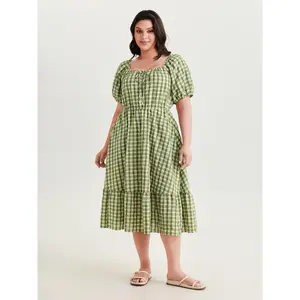 BLOOMCHIC Women's Plus Size Plaid Print Short-Sleeve Smooth Garment Midi Dress - Adjustable Drawstring Neckline, Polyester, Fit [M-6X] 2026 Summer Vibes Swimweek Spotlight Deals
