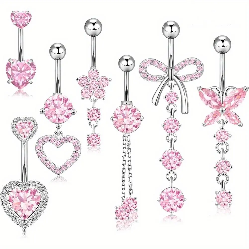 7Pcs 14G Belly Button Ring Dangle Belly Button Piercing Surgical Stainless Steel Belly Rings Cute CZ Heart Butterfly Flower Dangling Belly Piercing Jewelry for Women