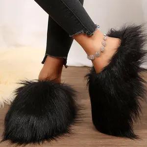 Women's Plush Faux Fluffy Slippers - Fluffy And Warm Slide-On Mini Snow Boots Winter Indoor Outdoor Shoes