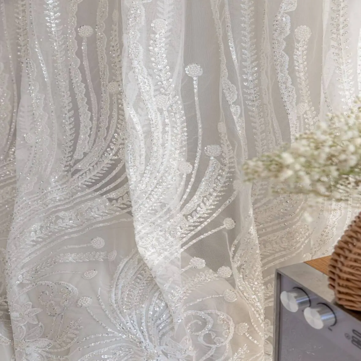 Luxury Pearl Sequin Lace Curtain, Home Decoration Curtain, Window Curtain, European High-End Embroidered Drapes, Sunshade for Living Room Bedroom Balcony, Minimalist Style, Beaded Curtain, Bead Curtains