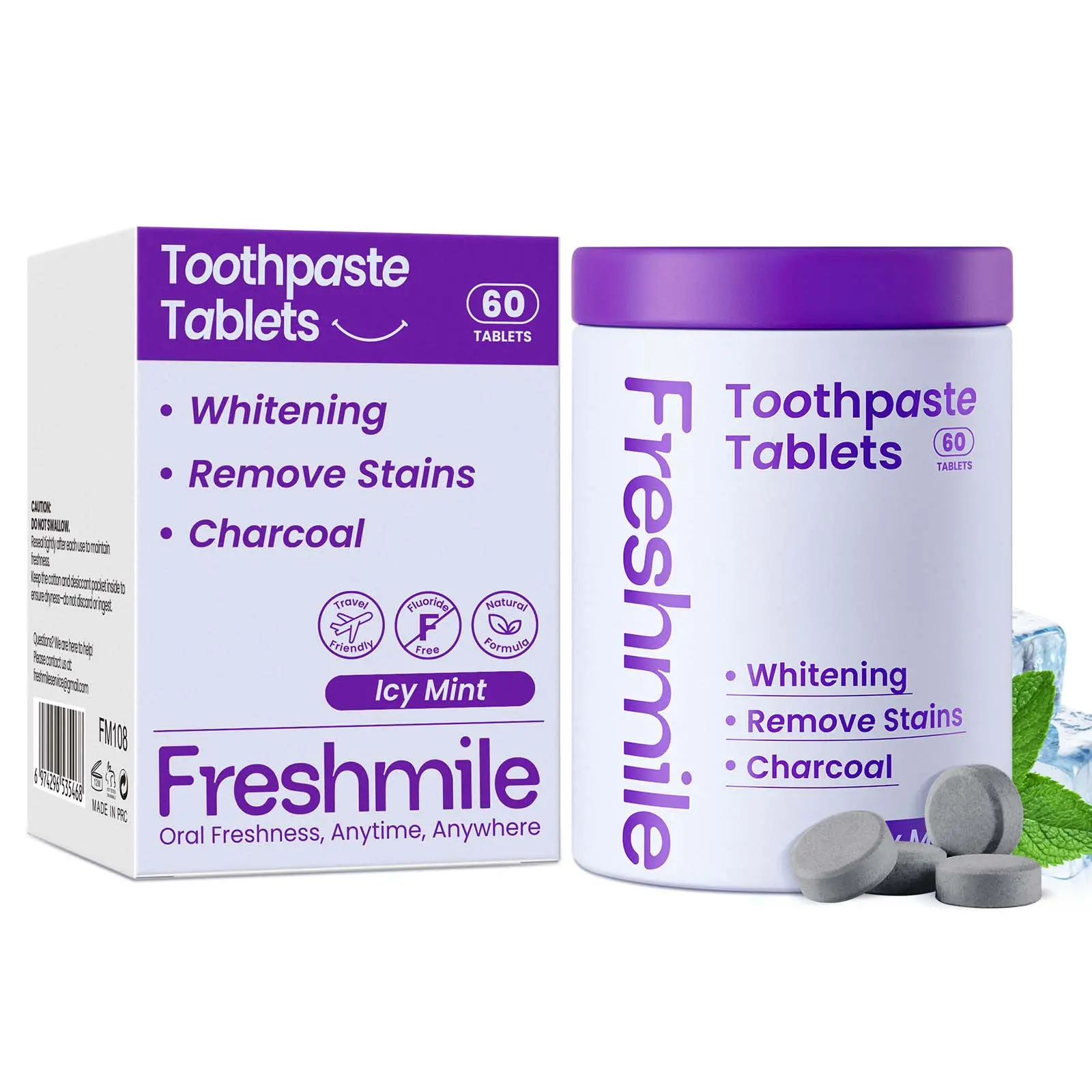 Whitening Toothpaste Tablets, 60 Count - Chew & Foam Formula with Activated Charcoal & Malic Acid for Enamel Repair, Icy Mint Oral Care Products for Smokers, Remove Stains, Citric Acid, Maltodextrin, Dates