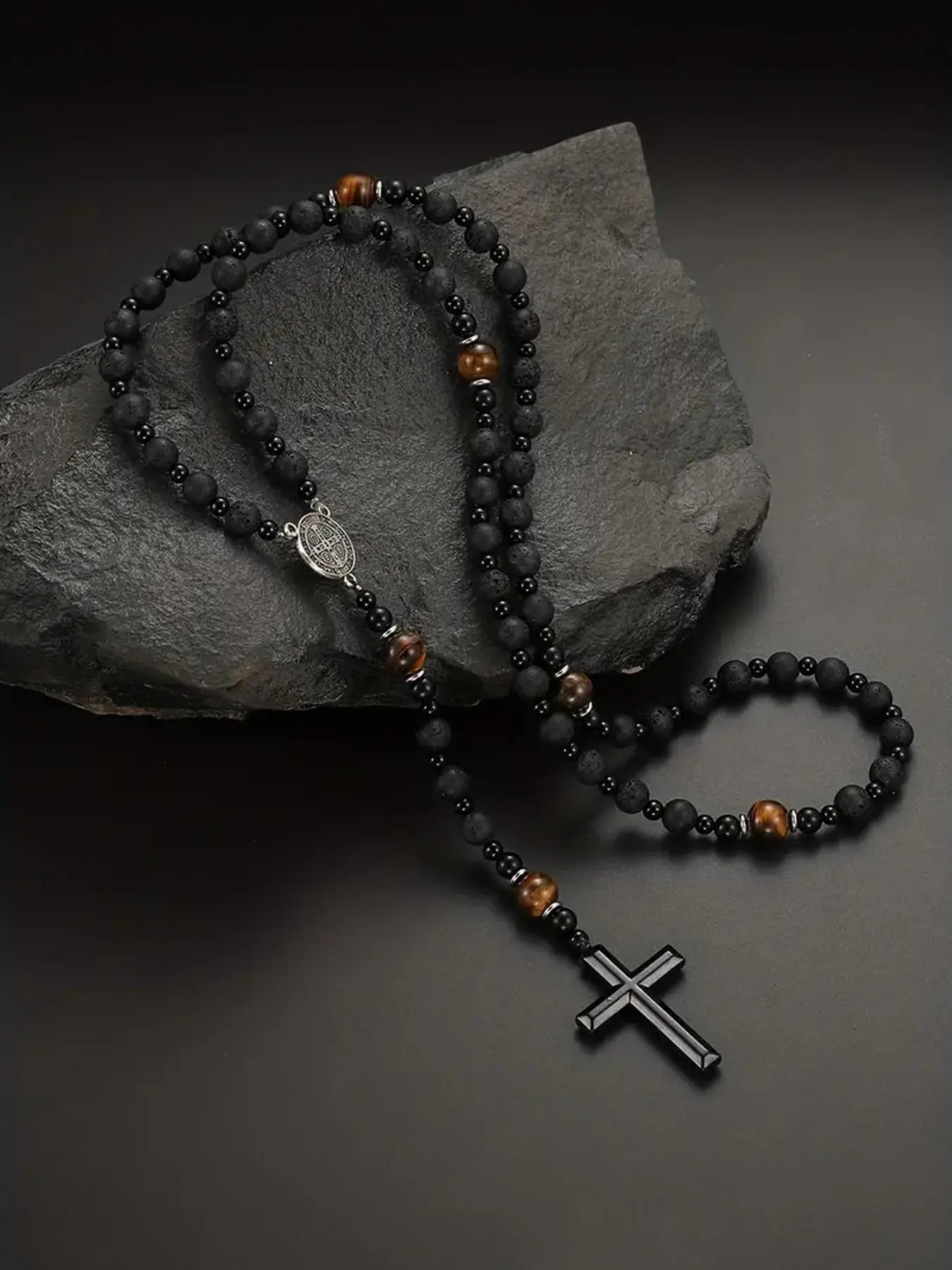 Cross Charm Beaded Necklace for Men, Boho Style Pendant Necklace for Parties and Daily Wear, Trendy All-match Vintage Jewelry for Birthday, Cross Necklaces, Trendy Fashionable Accessories