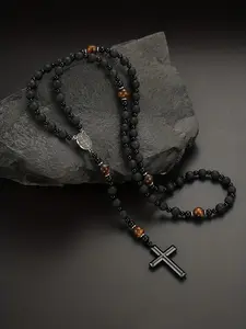 Cross Charm Beaded Necklace for Men, Boho Style Pendant Necklace for Party, Daily Decor, Trendy All-match Vintage Jewelry for Birthday Gift, Cross Necklaces, Trendy Fashionable Accessories