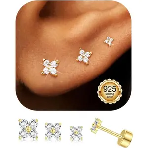 YADOCA 3 Pairs 925 Sterling Silver Earrings for Women Plated Gold Flat Back Earrings Small CZ Dot Star Heart Plated Gold Studs Earring Stack Hypoallergenic Cartilage Earring Sets for Multiple Piercings