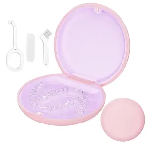 Retainer Case, Slim Aligner Cases for Invisalign, Mouthguard Case with Removal Tools& Aligners Chewies& Brush, Removable Inner Tray Silicone for Easy Cleaning (Pink)