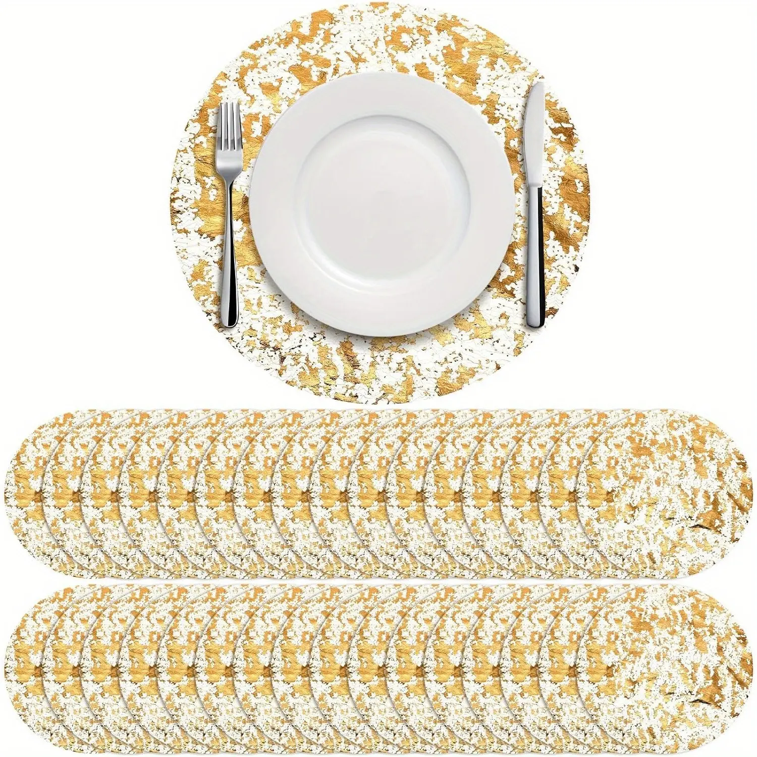 24pcs Disposable Golden Placemats Set, Round Golden Foil Mesh Pressed Table Doilies, Thin Mesh Table Pad For Home, Room Decoration, Elegant Dining Table Decor
