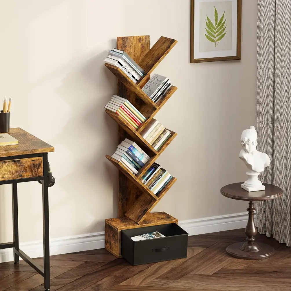 Bookshelf with Drawer, 7 shelf Tree Bookshelf, Wooden Bookshelves Storage Rack for CDs/Movies/Books, Rustic Brown Bookcase, Utility Organizer Shelves for Living Room, BedroomSimple tree-shaped small bookshelf floor rack home bookcase living room storage