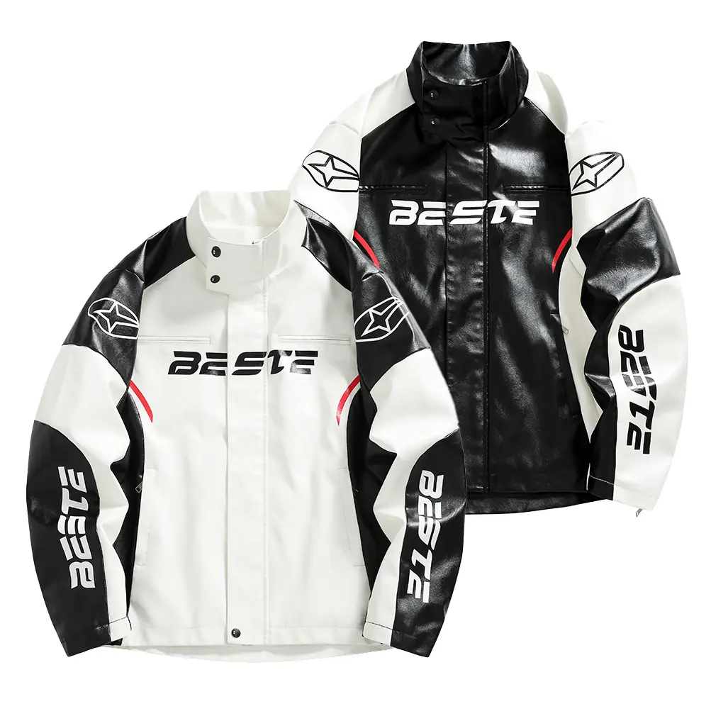 Men’s faux leather racing jacket, color-blocked motorcycle outerwear, vintage letter print stand collar zip-up jacket, street- apparel autumn fashionable style