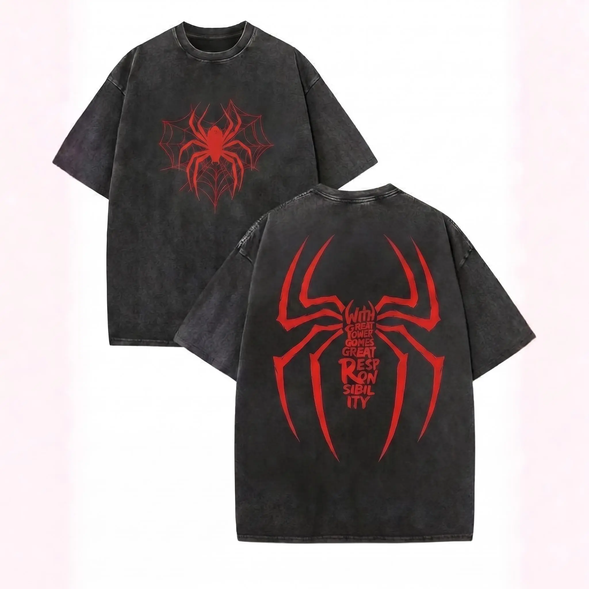 Red Spidey Graphic Oversized T Shirt, Vintage Acid Wash Streetwear Tee, Front and Back Spidey Symbol Shirt, Gothic Spidey Graphic Tee, Unisex Casual Fashion Gift