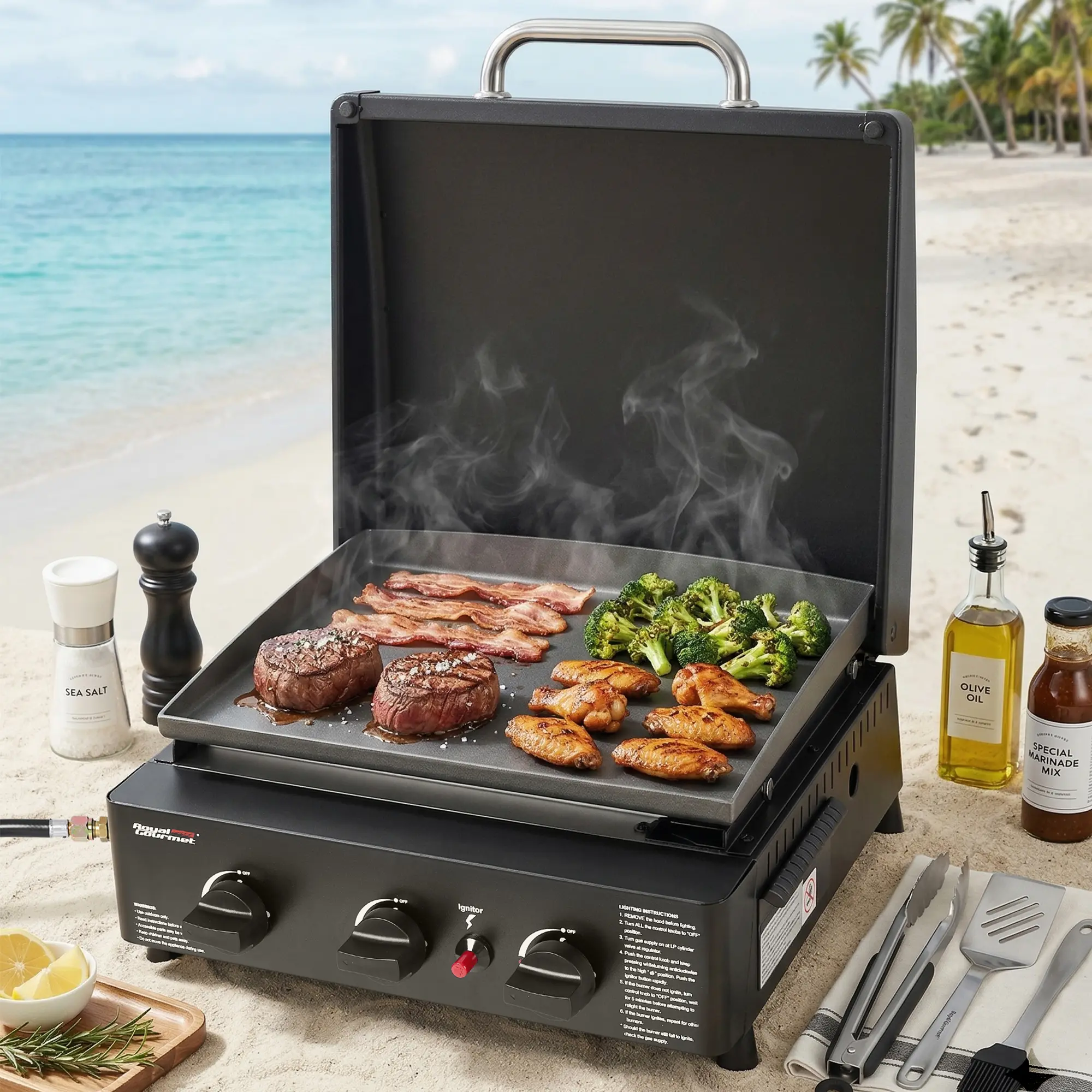 Royal Gourmet PD1503H Portable 3-Burner Propane Griddle with Hood, 227 Sq. In. Cooking Area, 25,500 BTU Total Output, Stainless Steel Burners, Hood Handle, Removable Grease Cup, Ideal for Backyard, Patio and Outdoor Cooking, Black Tabletop Bbq
