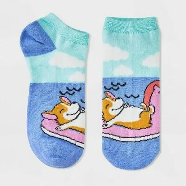 Women's Low Cut Ankle Socks, Corgi Animal Face Graphic, Lightweight Knit Banded Cuffs, Machine Washable, for Everyday Wear & Lounging at Home, All Seasons, Blue/Pink, Size 4-10, Corgi Icon, Animal Face Graphic Low Cut Socks