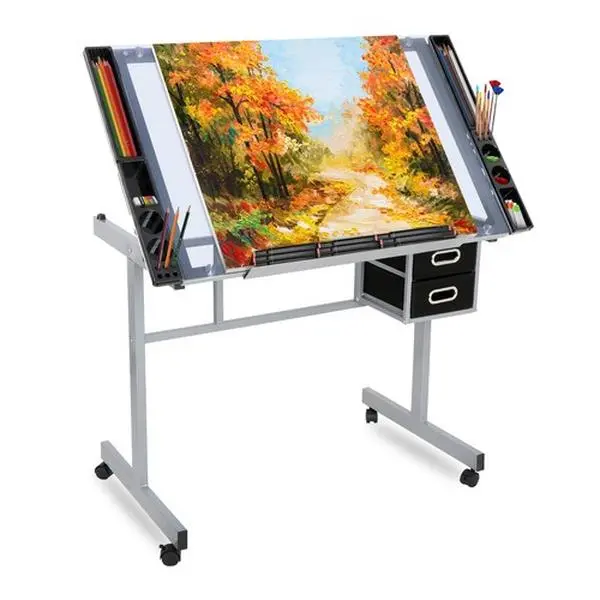 Segawe Adjustable Angle Drafting Table - Glass & Steel Art Desk with 2 Slide Drawers, Office/Commercial Furniture, Requires Setup