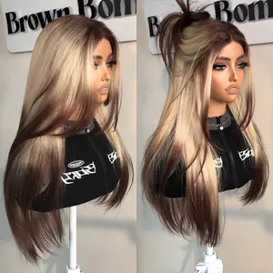 BrownBomb Wear and Go 26 Inch Glueless Lace Front Layered Wig Attractive Synthetic Wigs Pre Plucked Pre Cut With Bangs Natural Hairline and T Part Breathable Lace 3 Seconds Wear for Holiday gifts and Summer Vacations Daily Use and Role Play.