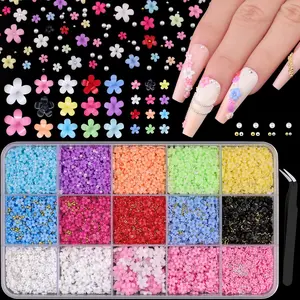 3D Flower Nail Charms with Tweezers for Nail Art, Colorful Acrylic Flower Nail Charms with Caviar Beads and Flatback Pearls, Manicure Nail Decor DIY