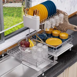 2 Tier Expandable Dish Drying Rack, Stainless Dish Rack w Drainboard, Large Dish Drainer for Counter, w Cup Holder and Cutting Board Rack
