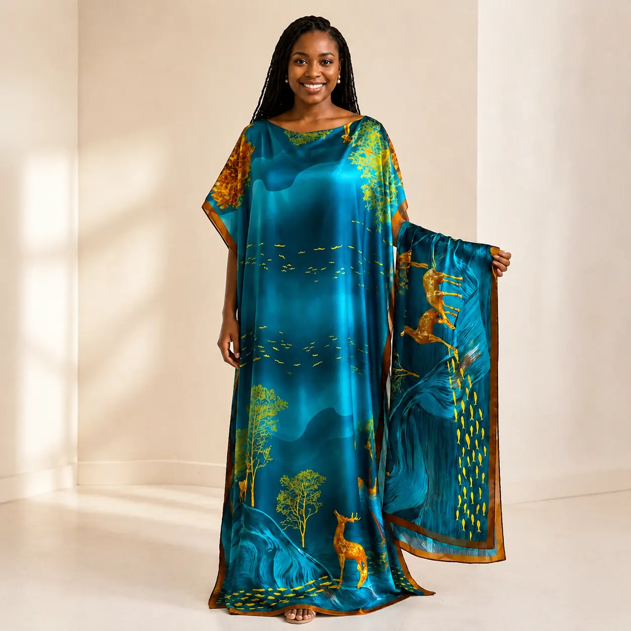 Boho Floral Kaftan Mumu Dress with Matching Shawl Set, One Size Silky Satin Beach Resort Cover Up for Summer Vacation