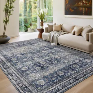 5x7 Washable Vintage Area Rug - Non-Slip Backing, Stain-Resistant Oriental Design, Low-Pile Farmhouse Accent Rug for Bedroom, Living Room, Blue