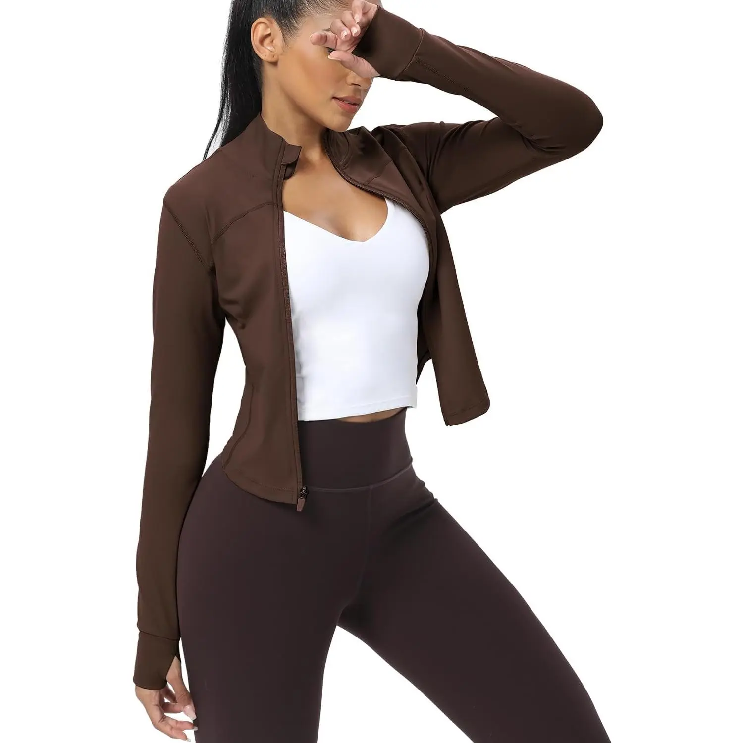 Women's Cropped Running Workout Jackets Zip Slim Fit Athletic Tops with Thumb Holes