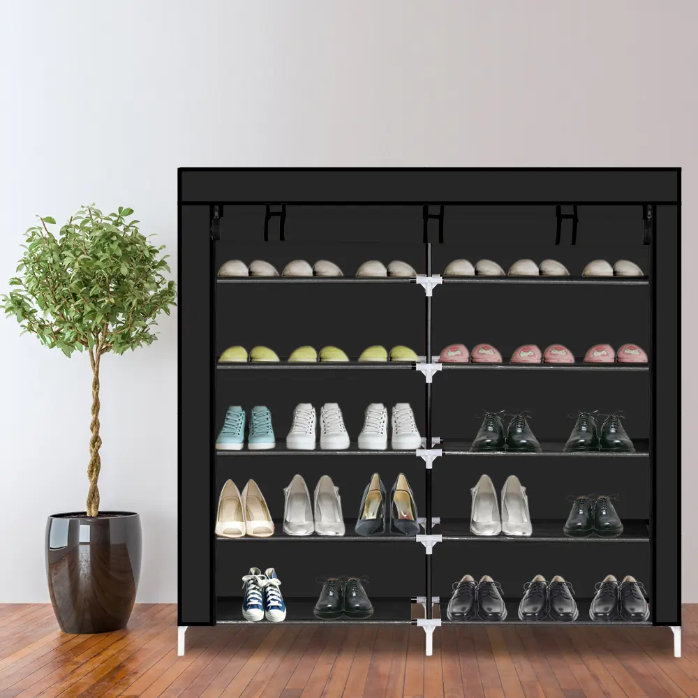 Karl Home 7-Tier Portable Fabric-Covered Shoe Rack | Black Shoe Storage Cabinet